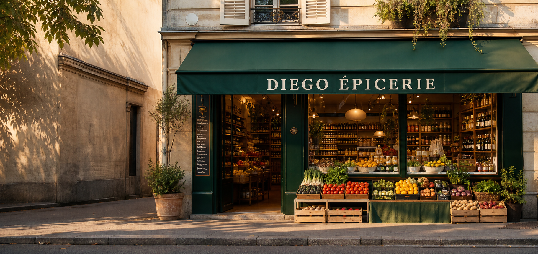 La devanture verte de Diego Épicerie